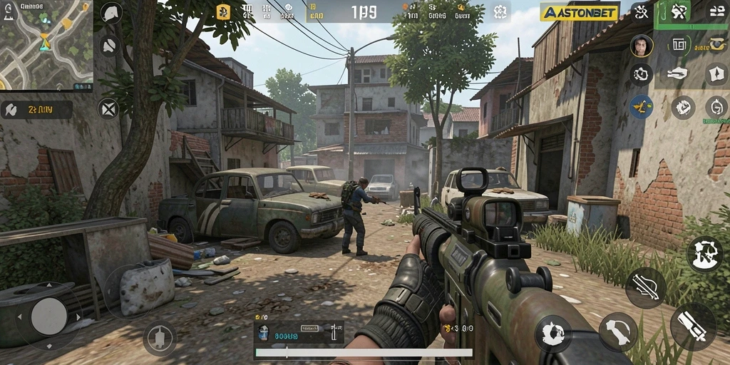 Screenshot gameplay <strong>ASTONBET</strong> menampilkan aksi menembak yang mendebarkan.