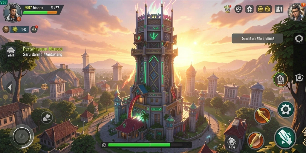 Tampilan gameplay menakjubkan dari V87 menara pertahanan yang strategis.